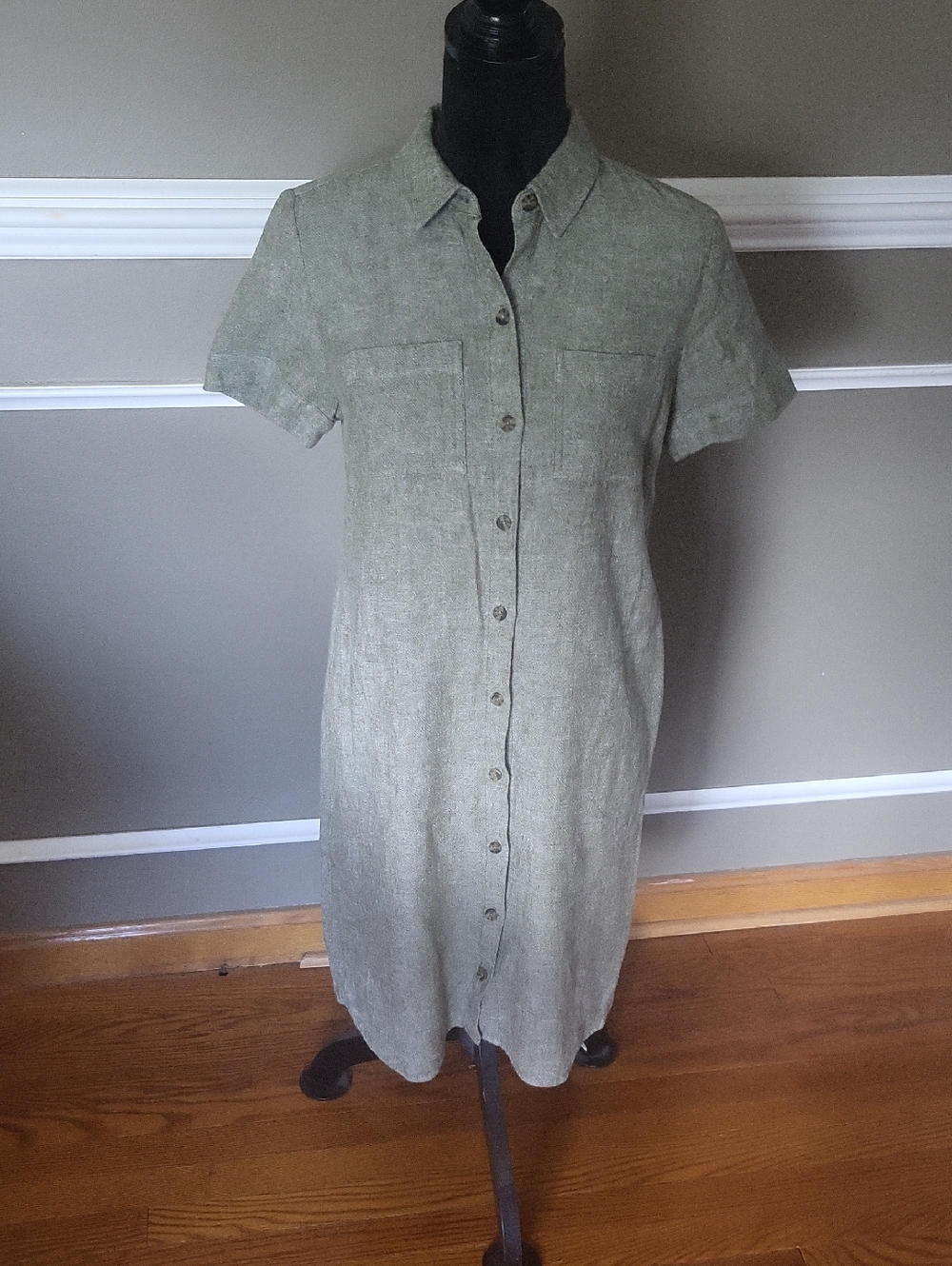 Susan Graver Short-Sleeve Button-Front Linen Midi Dress in Sage Size XXS